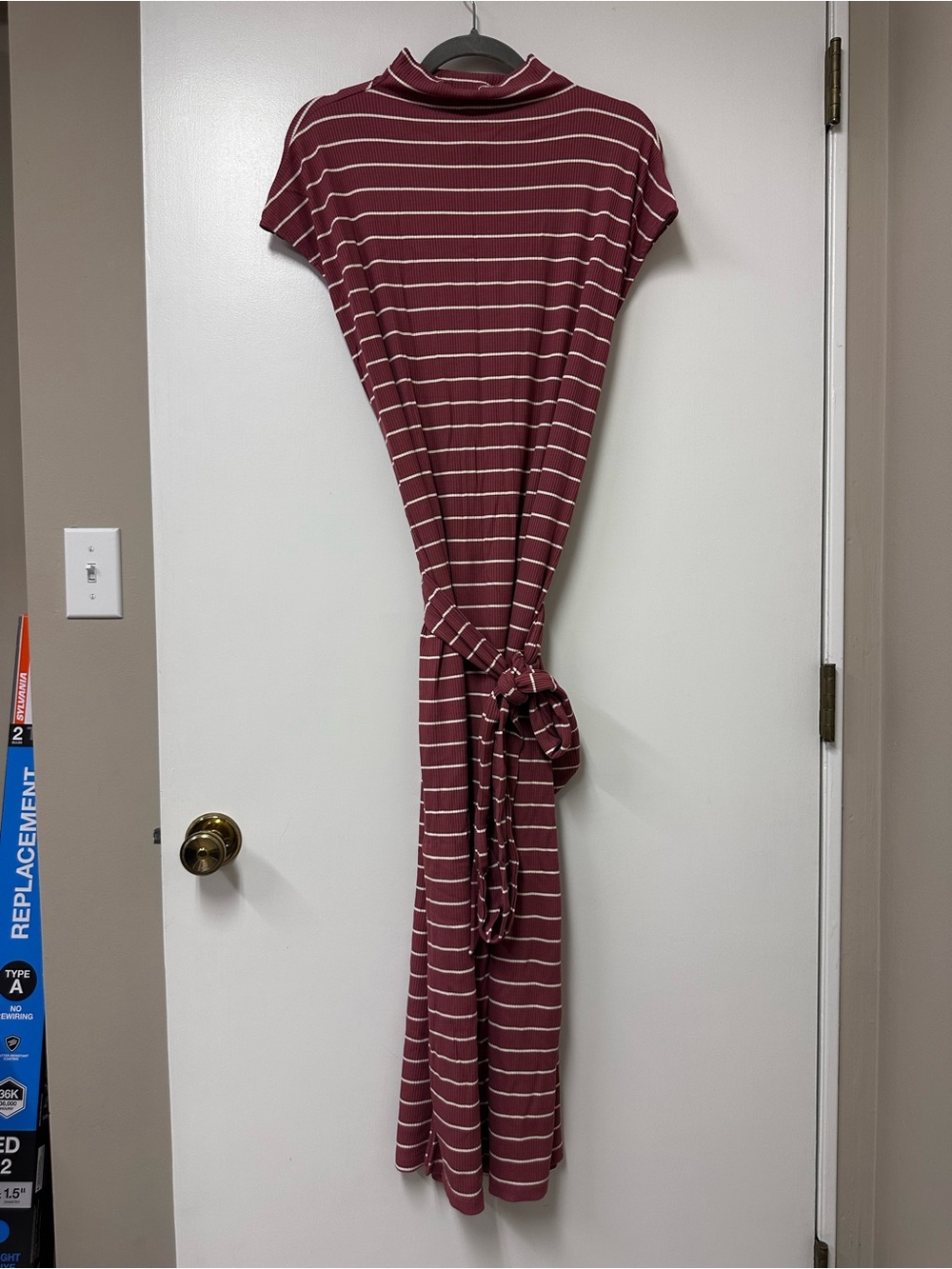 LOFT Burgundy and White Striped Maxi Dress with Tie Waist